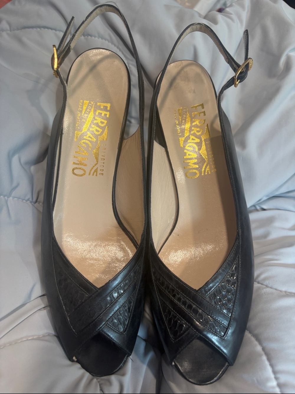 Salvatore Ferragamo Black Leather Peep-Toe Slingback Mules